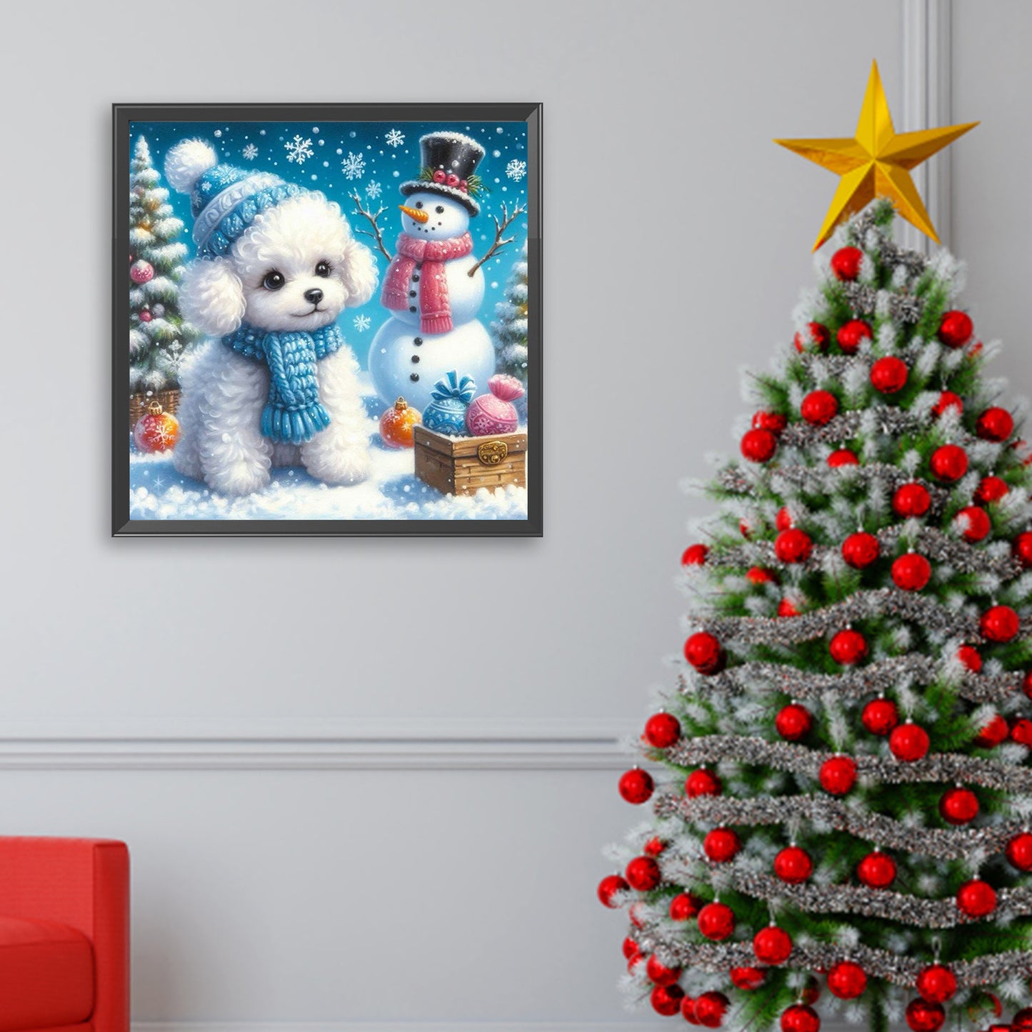 Winter Christmas Snowman Puppy - Full Square Drill Diamond Painting 30*30CM
