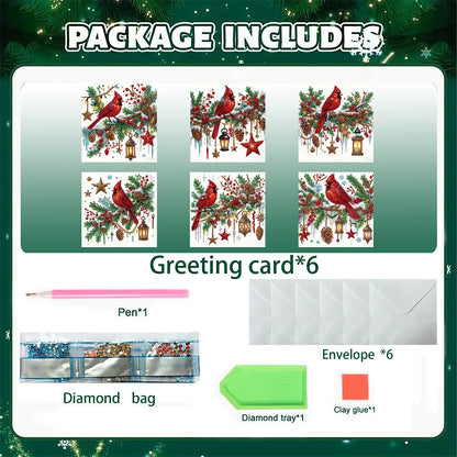 6PCS Cardinal Theme DIY Diamond Painting Art Greeting Card Set with Envelope