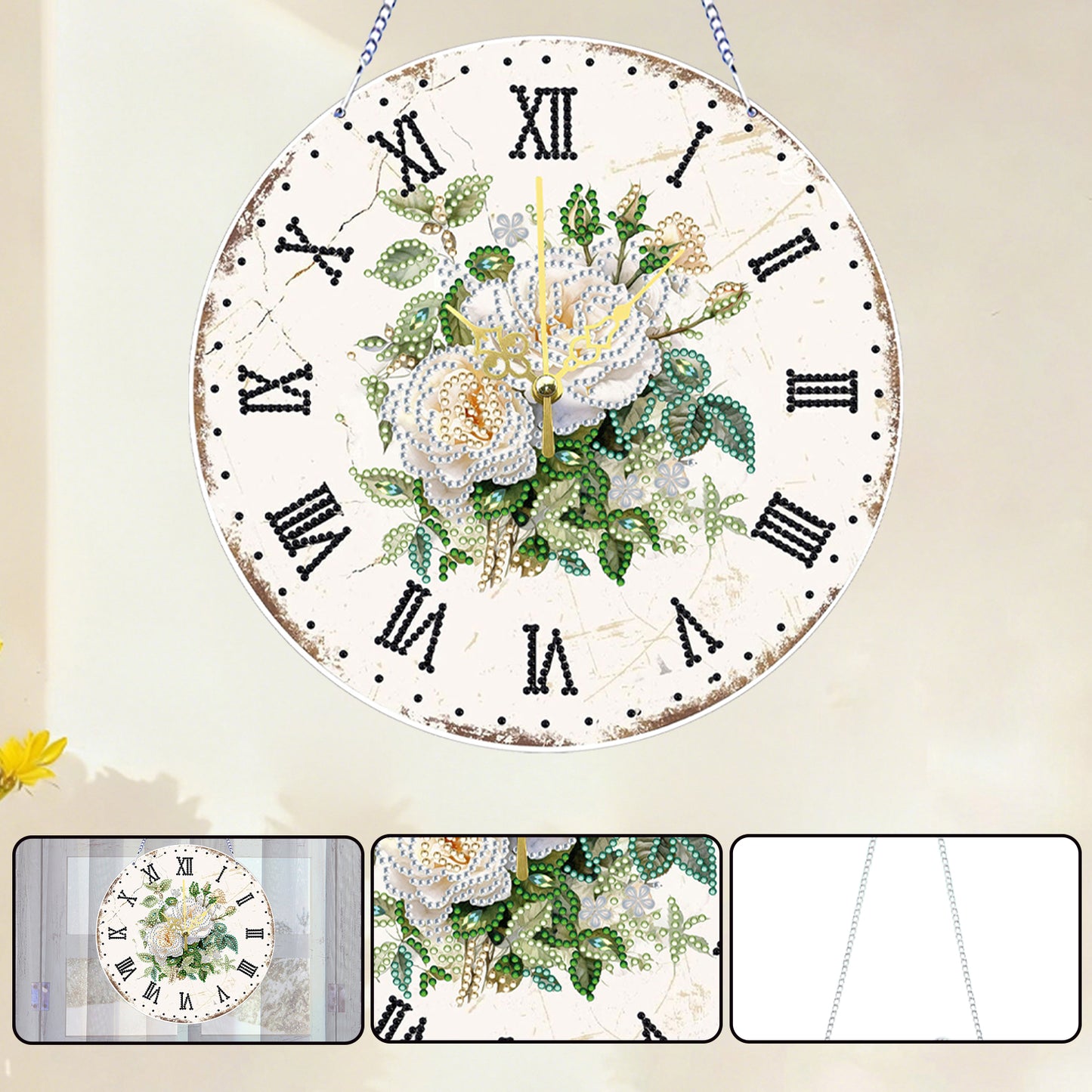 2D DIY Acrylic White Flower Diamond Painting Wall Clock Pendant w/Clock Function