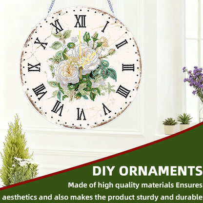 2D DIY Acrylic White Flower Diamond Painting Wall Clock Pendant w/Clock Function