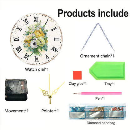 2D DIY Acrylic Bouquet Diamond Painting Clock Pendant w/ Clock Function Wall Art