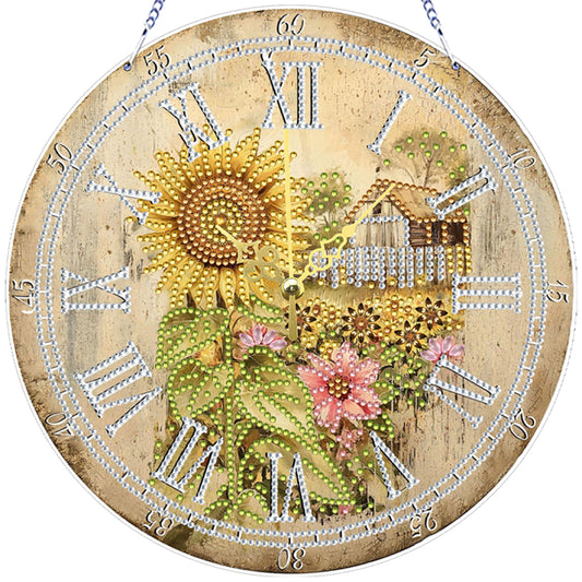 2D DIY Acrylic Sunflower Diamond Painting Wall Clock Pendant w/ Clock Function