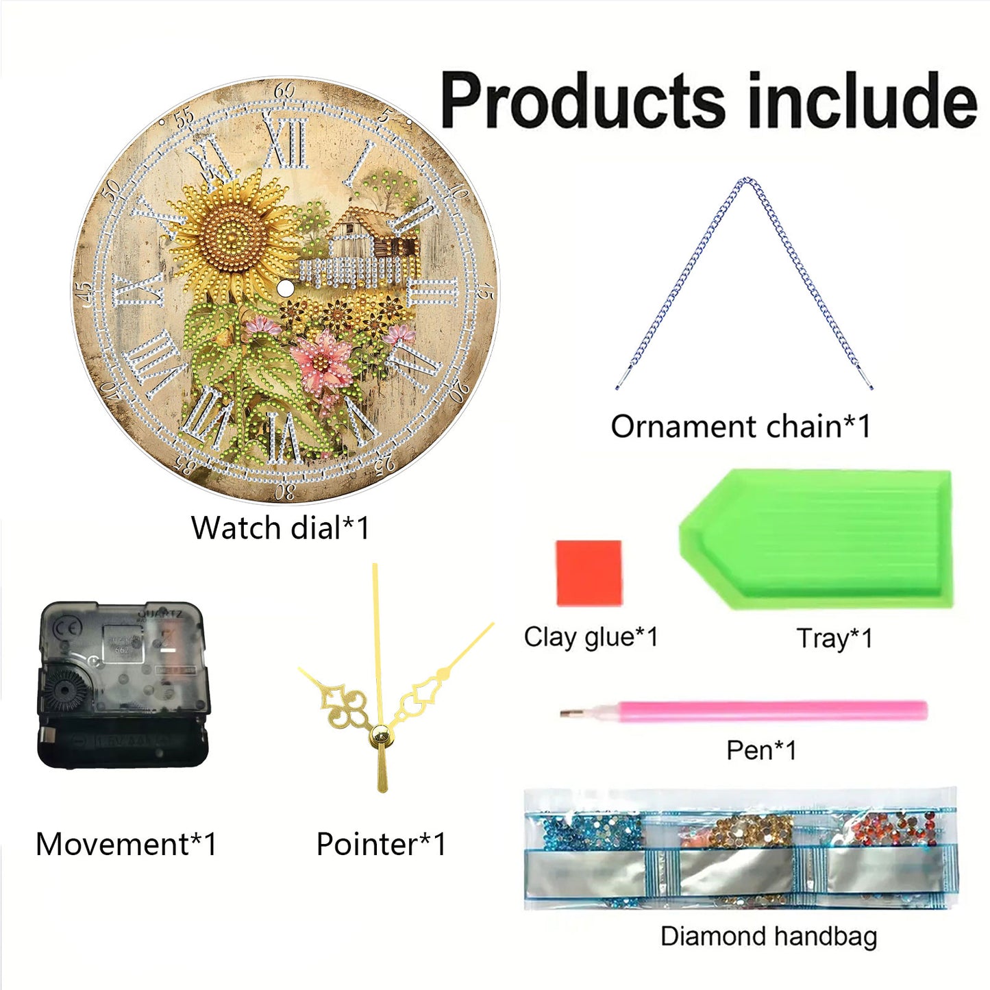 2D DIY Acrylic Sunflower Diamond Painting Wall Clock Pendant w/ Clock Function