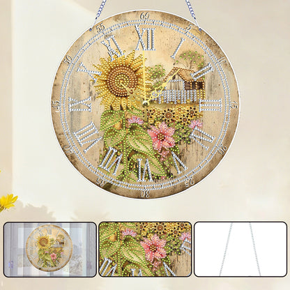 2D DIY Acrylic Sunflower Diamond Painting Wall Clock Pendant w/ Clock Function