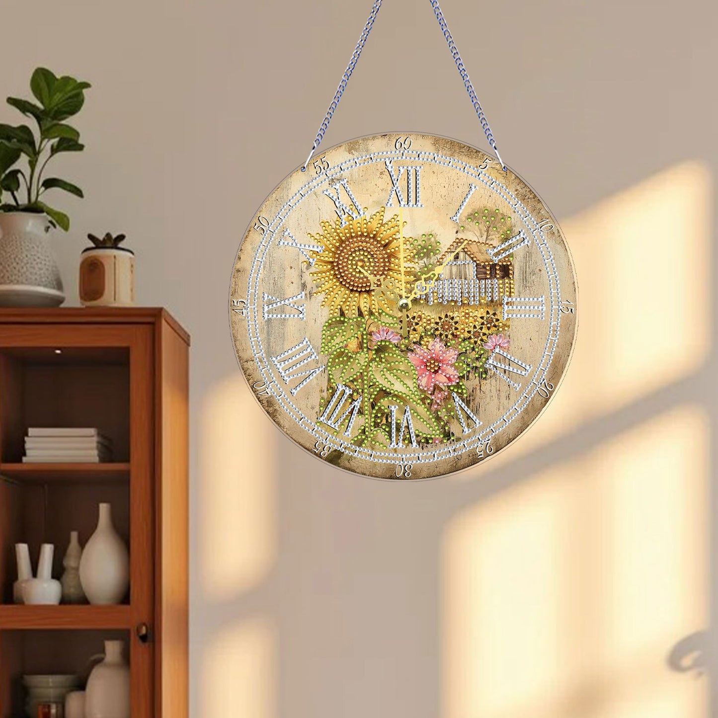 2D DIY Acrylic Sunflower Diamond Painting Wall Clock Pendant w/ Clock Function