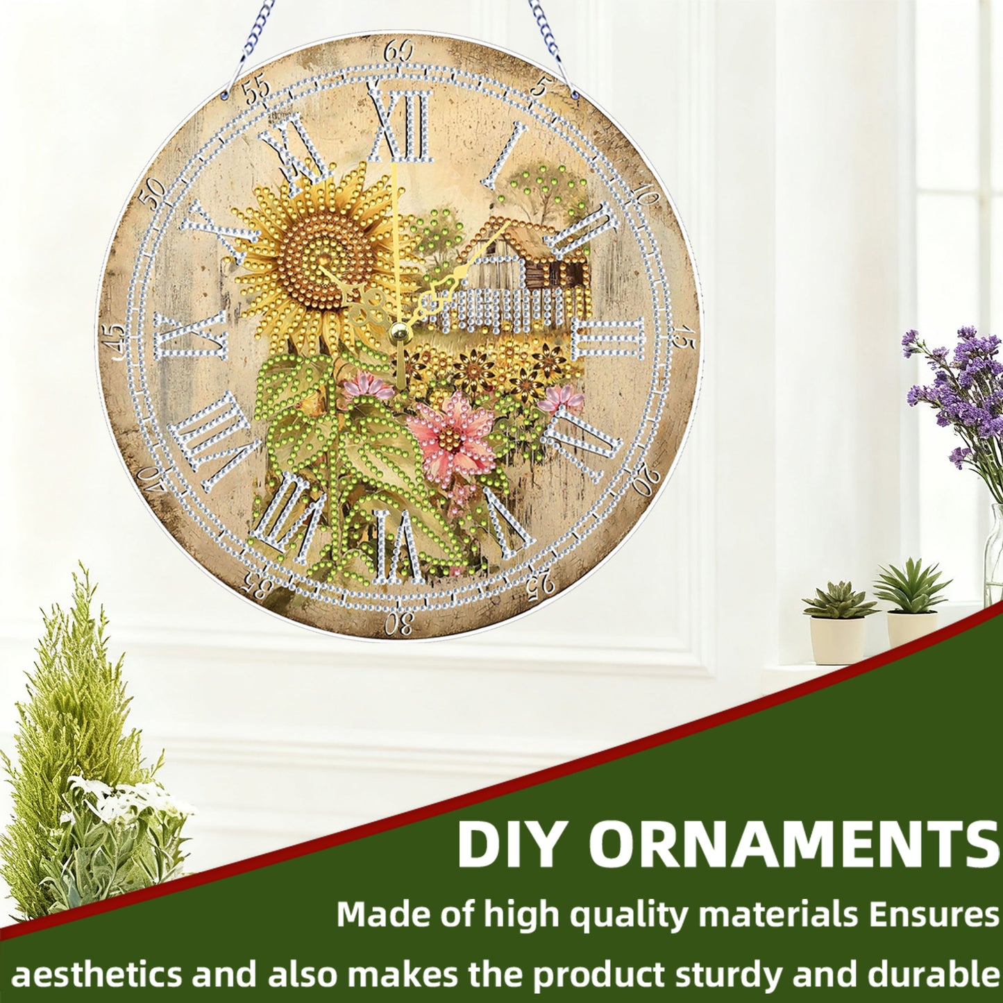 2D DIY Acrylic Sunflower Diamond Painting Wall Clock Pendant w/ Clock Function
