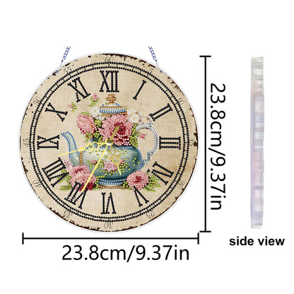 2D DIY Acrylic Teapot Diamond Painting Clock Pendant w/ Clock Function Wall Art