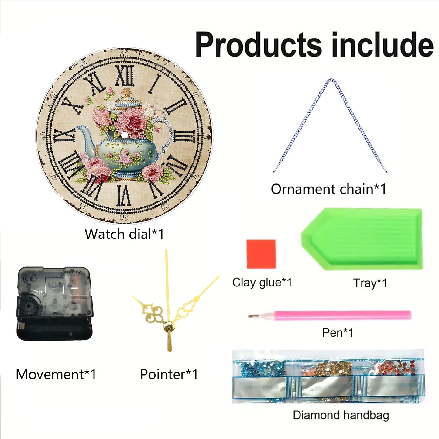 2D DIY Acrylic Teapot Diamond Painting Clock Pendant w/ Clock Function Wall Art