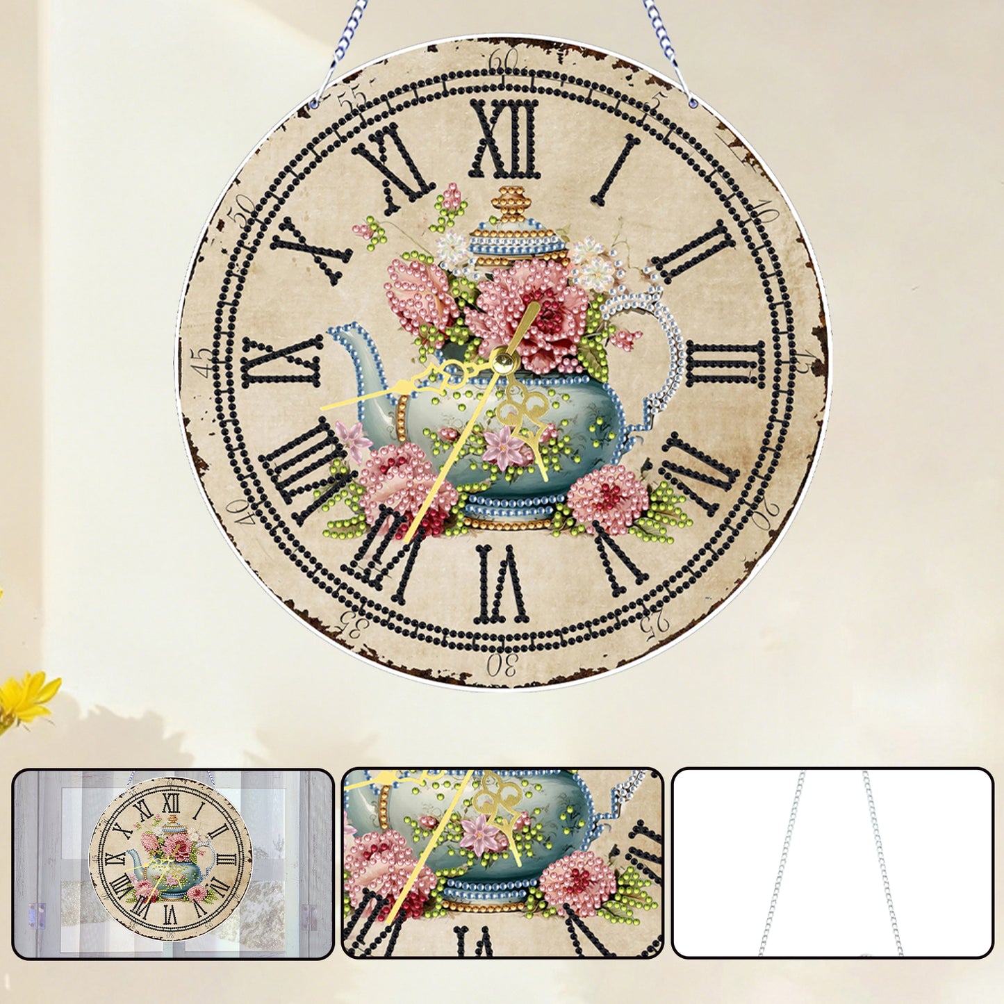 2D DIY Acrylic Teapot Diamond Painting Clock Pendant w/ Clock Function Wall Art