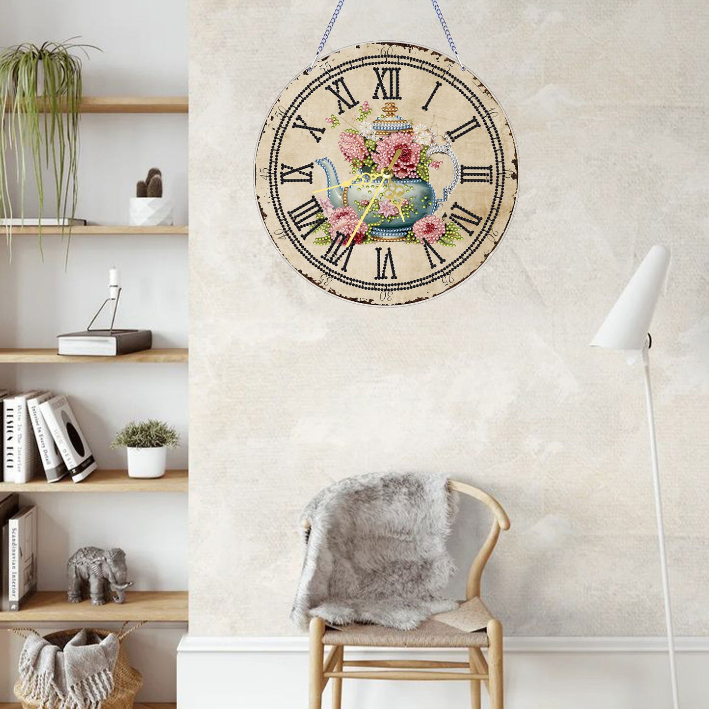 2D DIY Acrylic Teapot Diamond Painting Clock Pendant w/ Clock Function Wall Art