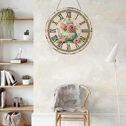 2D DIY Acrylic Teapot Diamond Painting Clock Pendant w/ Clock Function Wall Art