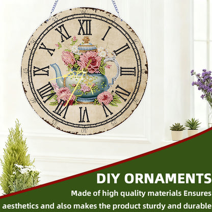 2D DIY Acrylic Teapot Diamond Painting Clock Pendant w/ Clock Function Wall Art
