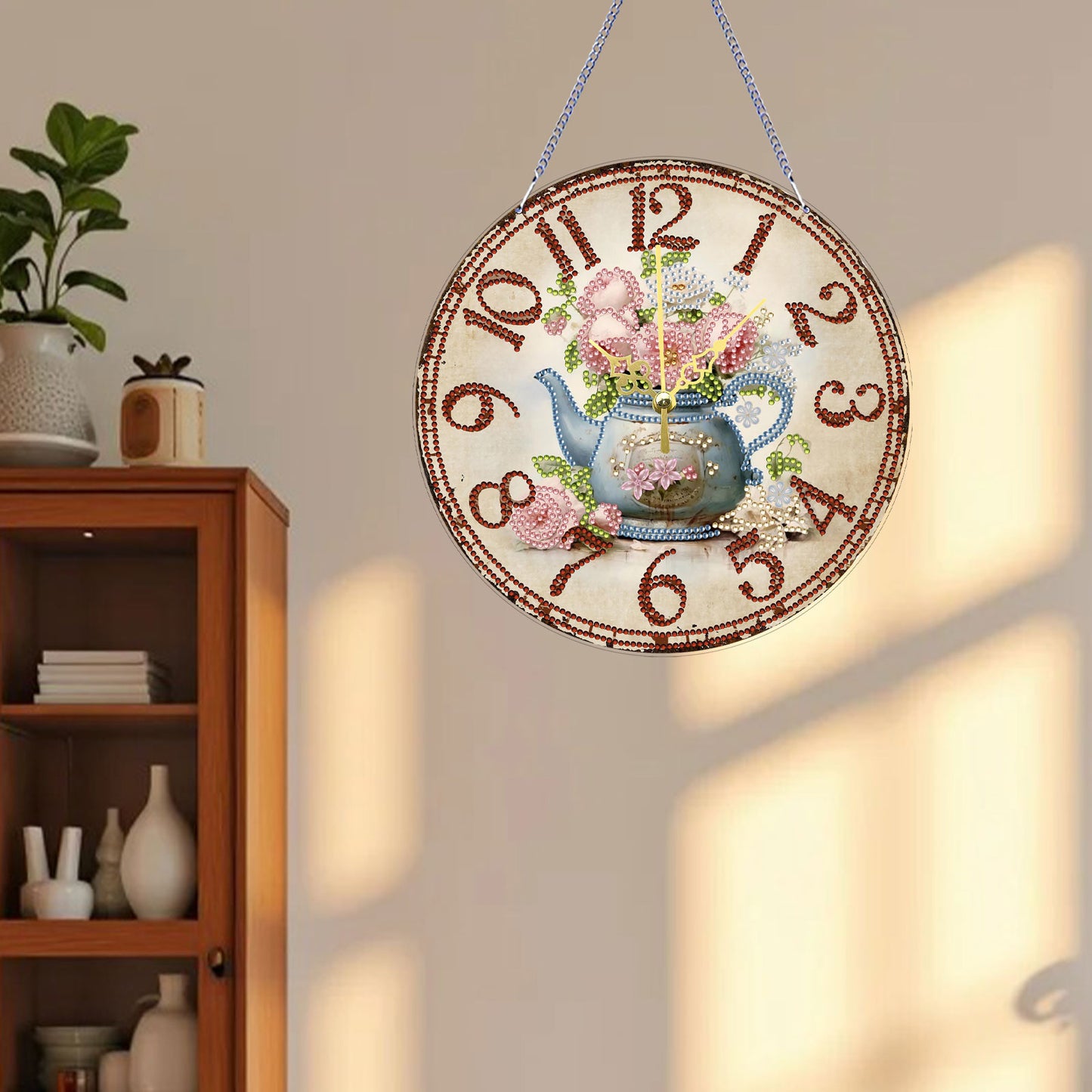 2D DIY Acrylic Blue Flower Diamond Painting Wall Clock Pendant w/ Clock Function