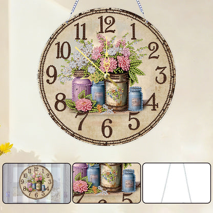 2D DIY Acrylic Vintage Vase Diamond Art Painting Clock Pendant w/ Clock Function