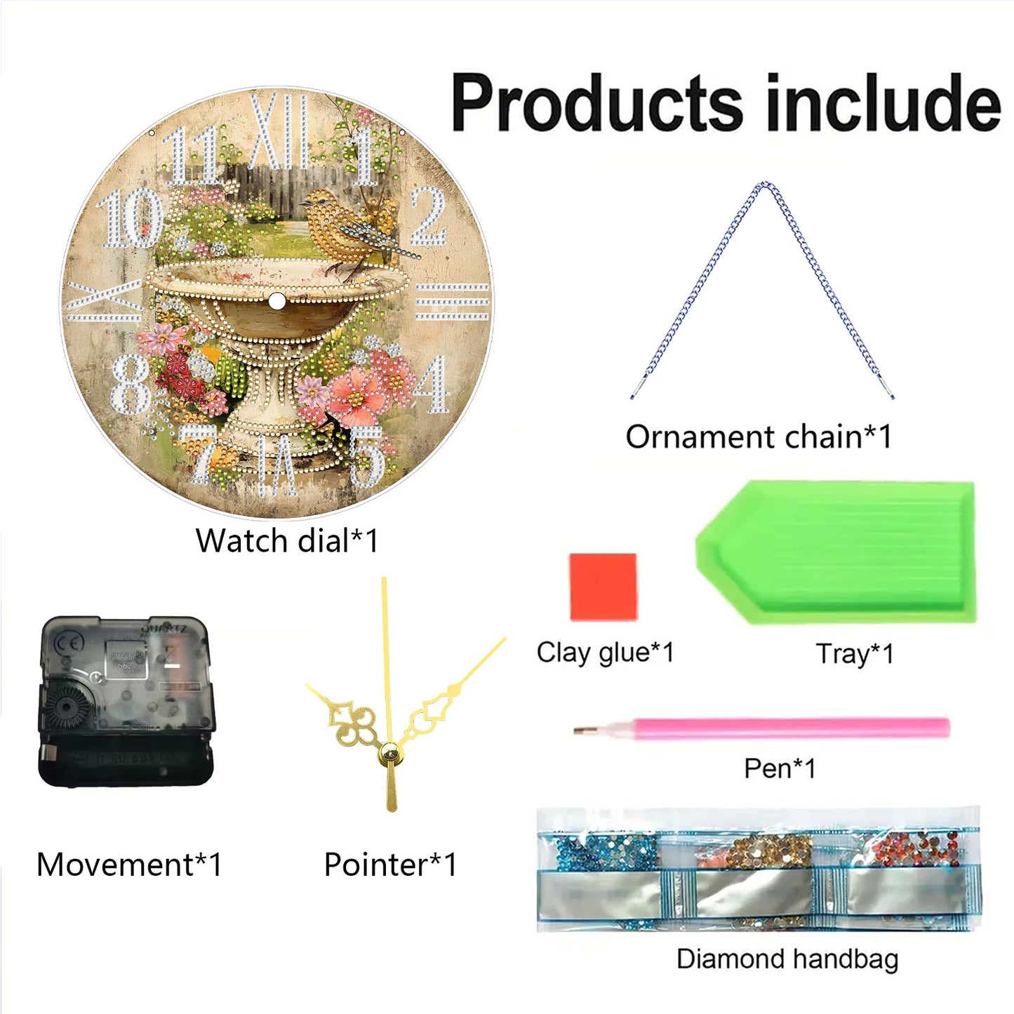 2D DIY Acrylic Birds Diamond Painting Clock Pendant w/ Clock Function Wall Decor