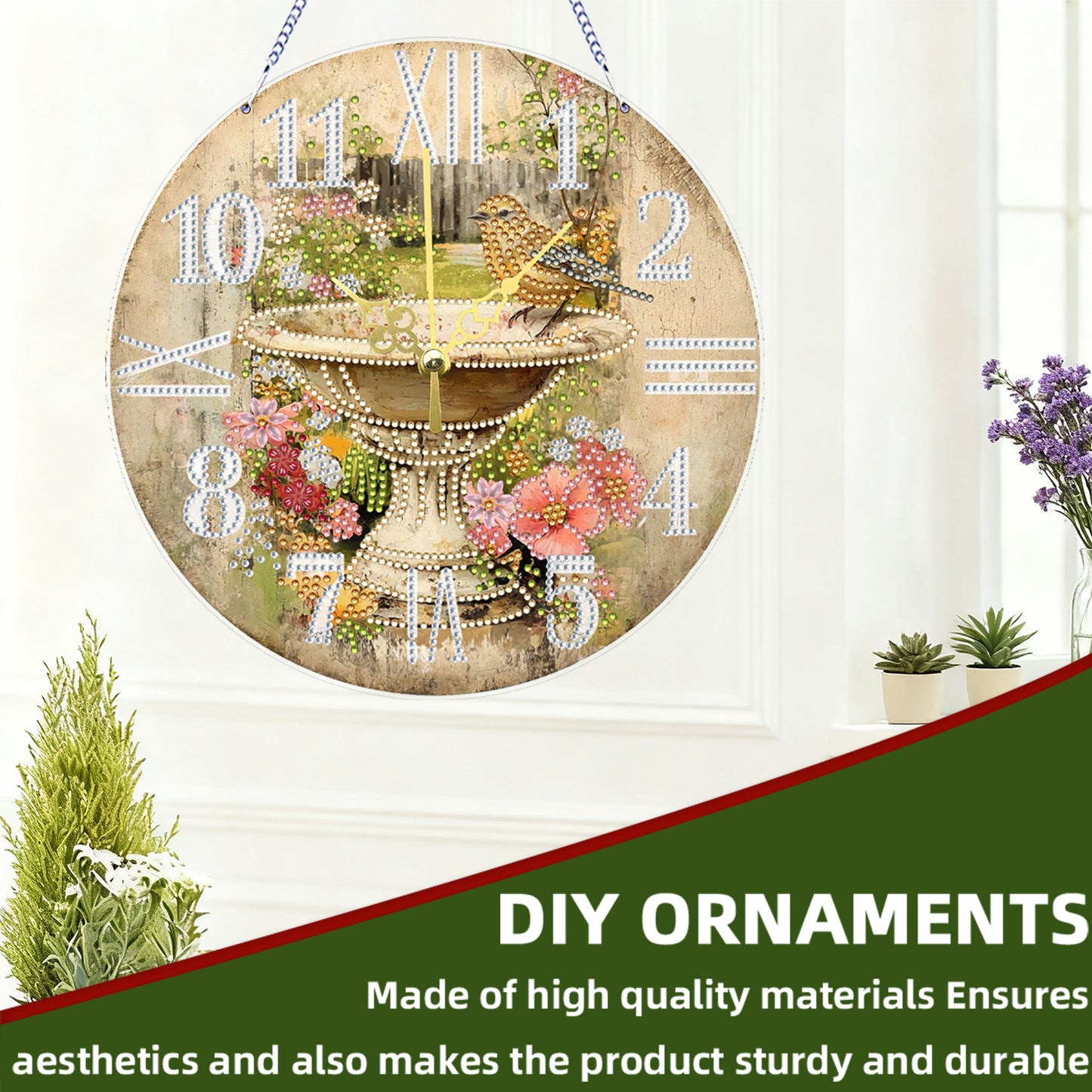 2D DIY Acrylic Birds Diamond Painting Clock Pendant w/ Clock Function Wall Decor