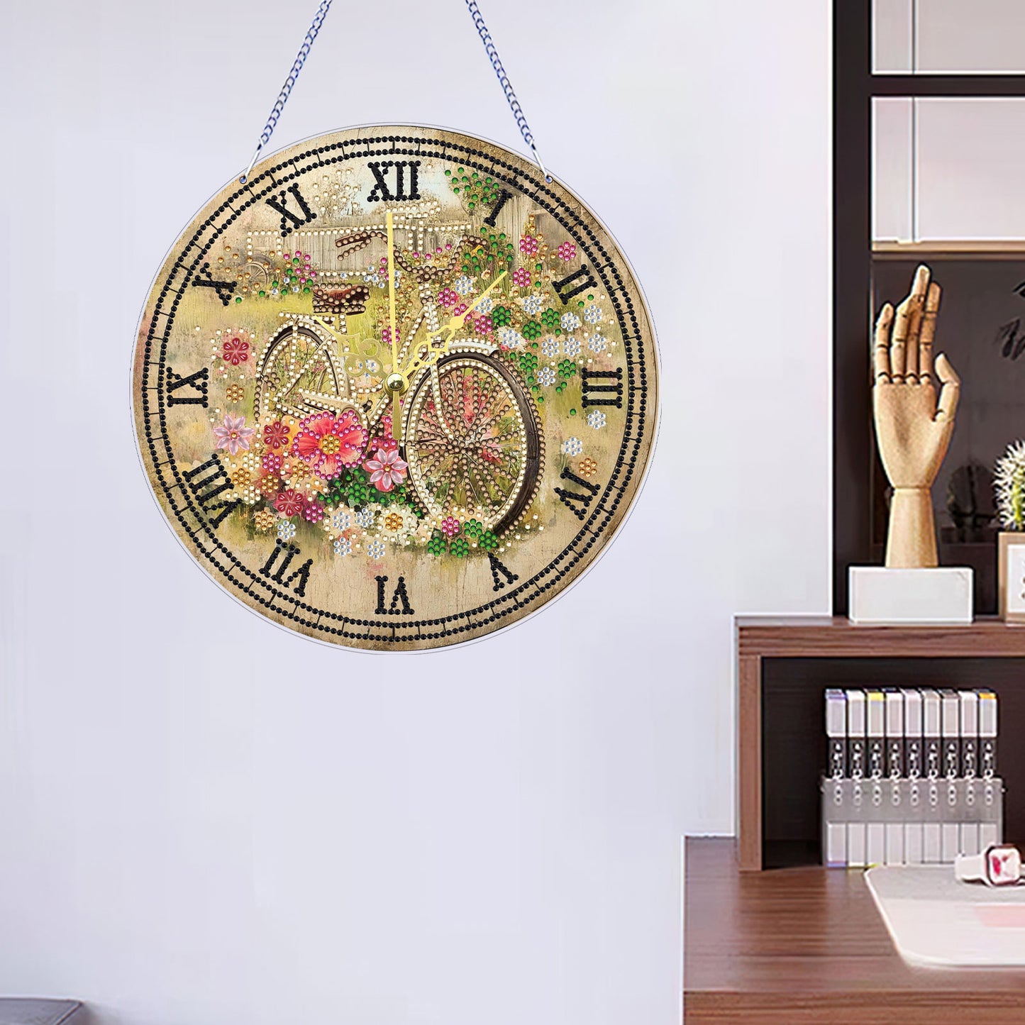 2D DIY Acrylic Bicycle Diamond Painting Clock Pendant w/ Clock Function Wall Art