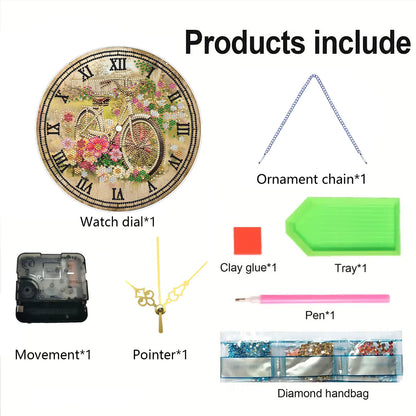 2D DIY Acrylic Pink Flower Diamond Painting Wall Clock Pendant w/ Clock Function