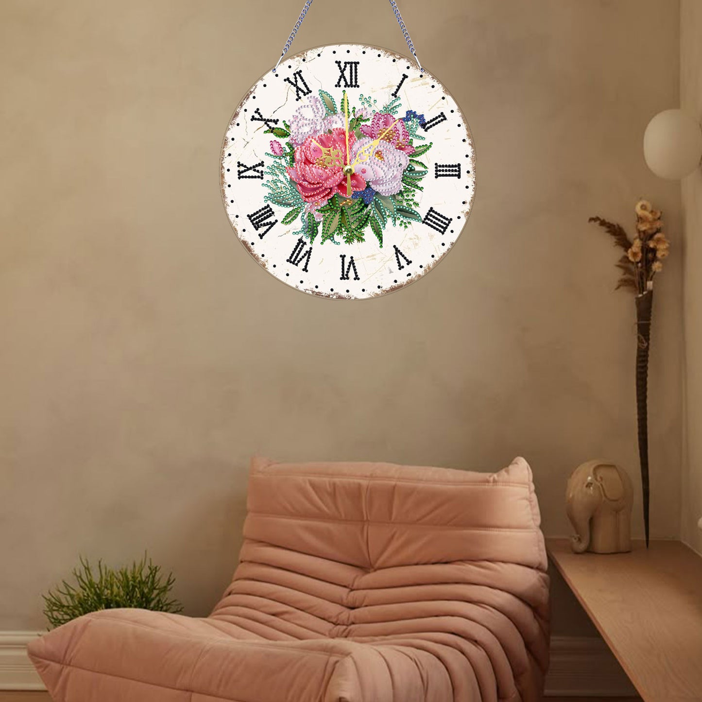 2D DIY Acrylic Pink Flower Diamond Painting Wall Clock Pendant w/ Clock Function