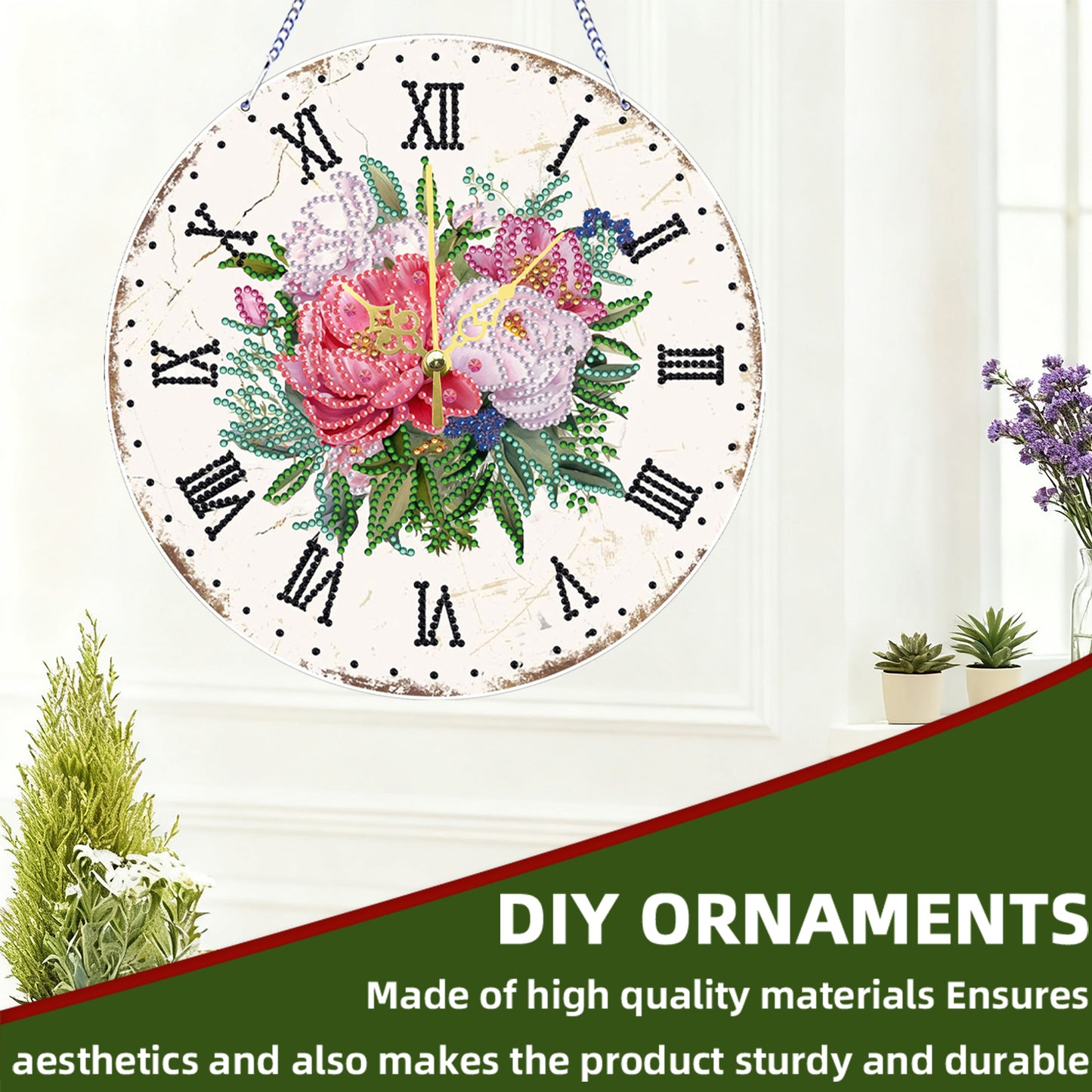 2D DIY Acrylic Pink Flower Diamond Painting Wall Clock Pendant w/ Clock Function