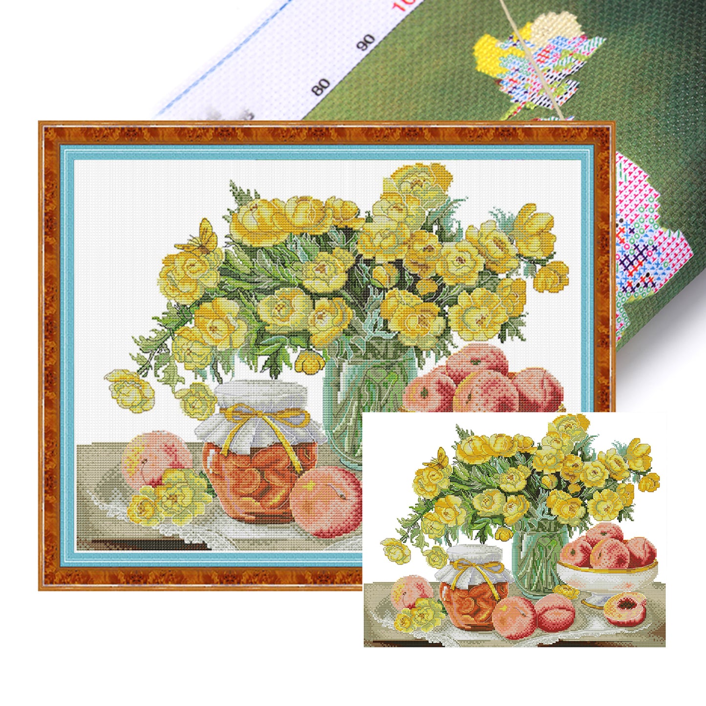 Camellia And Red Peach - 14CT Stamped Cross Stitch 45*37CM (Joy Sunday)