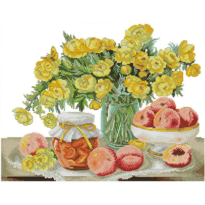 Camellia And Red Peach - 14CT Stamped Cross Stitch 45*37CM (Joy Sunday)