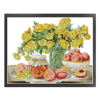 Camellia And Red Peach - 14CT Stamped Cross Stitch 45*37CM (Joy Sunday)