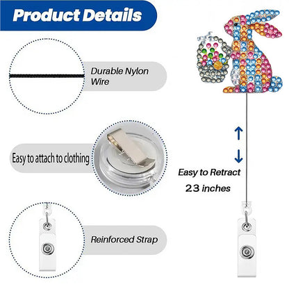 Rabbit 6Pcs DIY Diamond Painting ID Holder with Clip Rhinestone Nurse Badge Reel