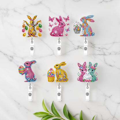 Rabbit 6Pcs DIY Diamond Painting ID Holder with Clip Rhinestone Nurse Badge Reel