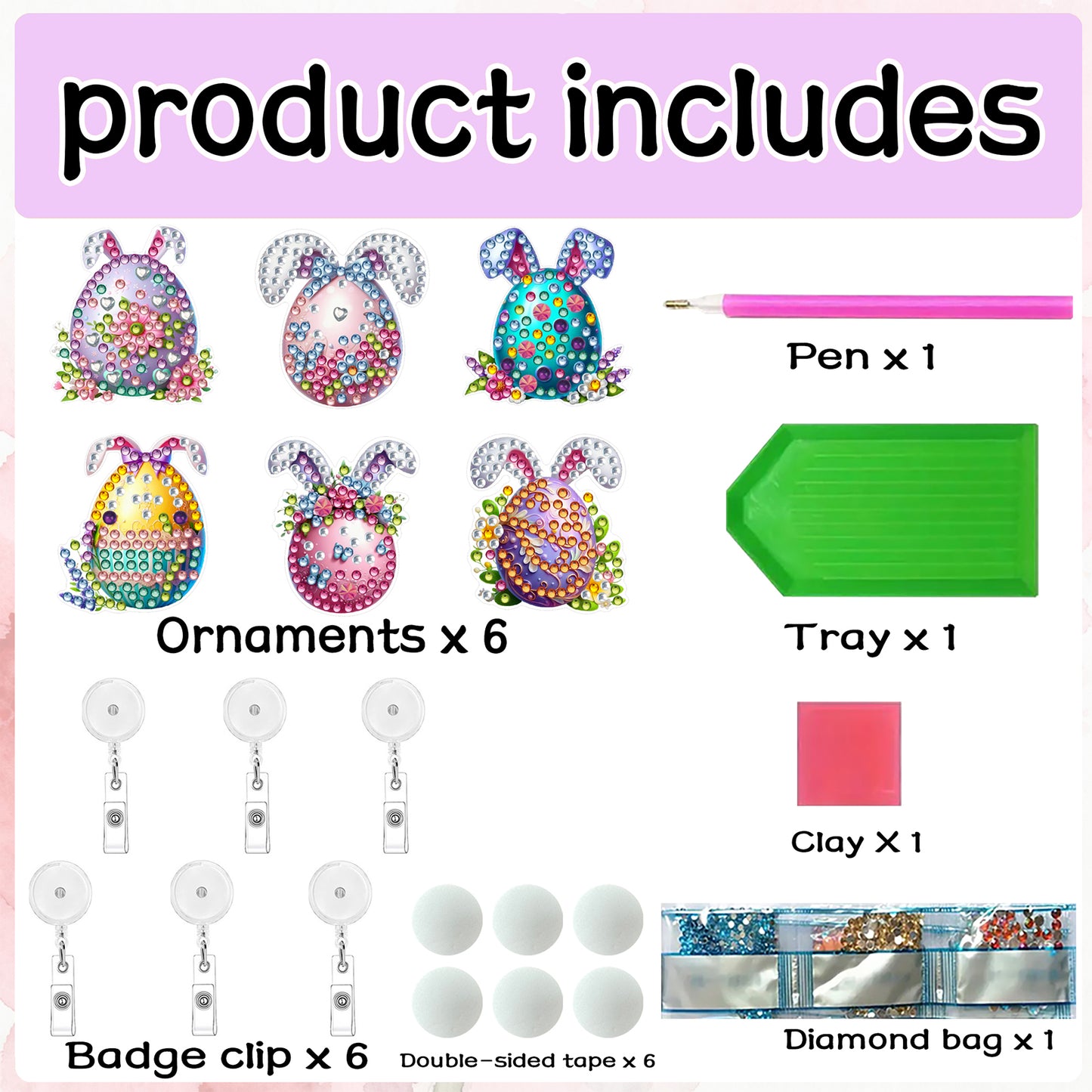 Easter Egg 6Pcs DIY Diamond Painting ID Holder with Clip Rhinestone Badge Reel