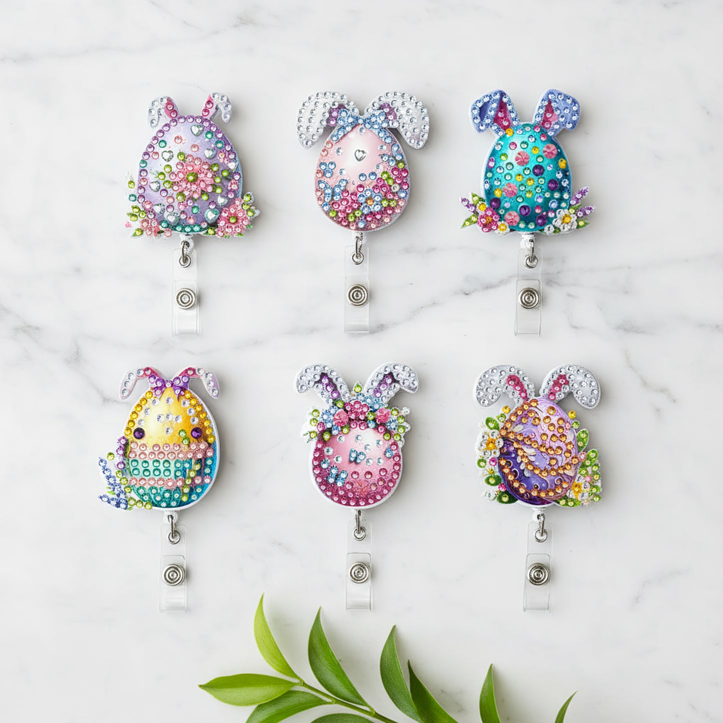 Easter Egg 6Pcs DIY Diamond Painting ID Holder with Clip Rhinestone Badge Reel