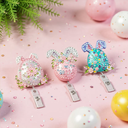 Easter Egg 6Pcs DIY Diamond Painting ID Holder with Clip Rhinestone Badge Reel