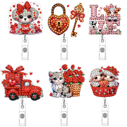 Heart 6Pcs DIY Diamond Painting ID Holder with Clip Rhinestone Nurse Badge Reel