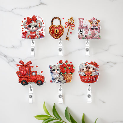 Heart 6Pcs DIY Diamond Painting ID Holder with Clip Rhinestone Nurse Badge Reel