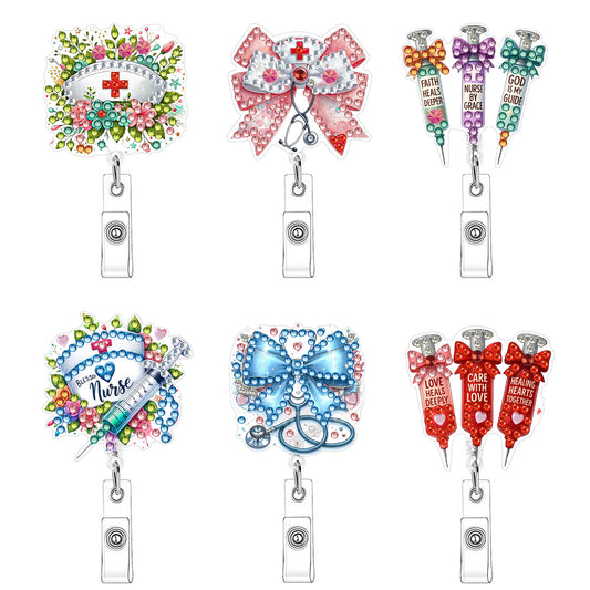 Easter 6Pcs DIY Diamond Painting ID Holder with Clip Rhinestone Nurse Badge Reel