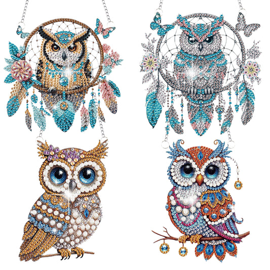 4pcs Owl DIY 2D Flat Special Shaped Diamond Painting Kits Pendant Home Decor