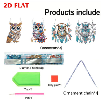4pcs Owl DIY 2D Flat Special Shaped Diamond Painting Kits Pendant Home Decor