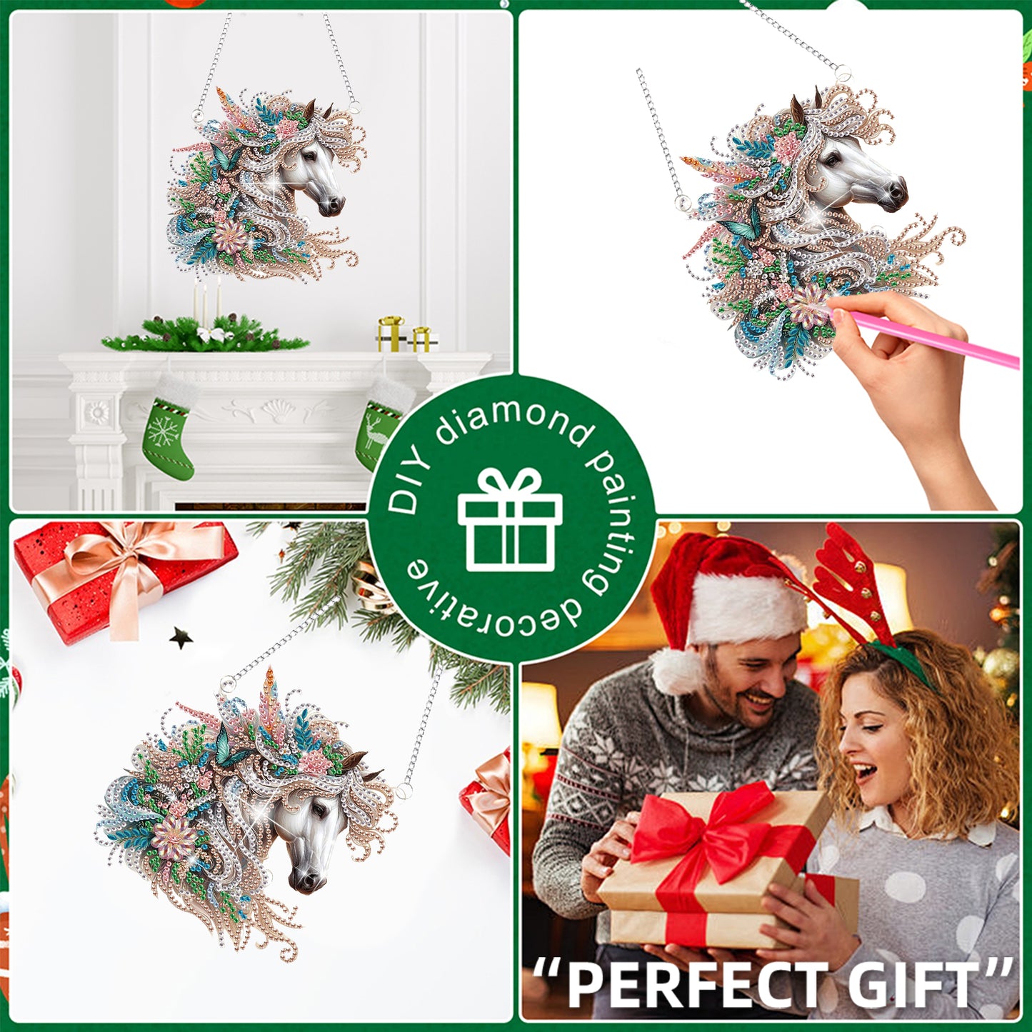 4pcs Flower Horse DIY 2D Flat Special Shaped Diamond Painting Kits Pendant Gifts