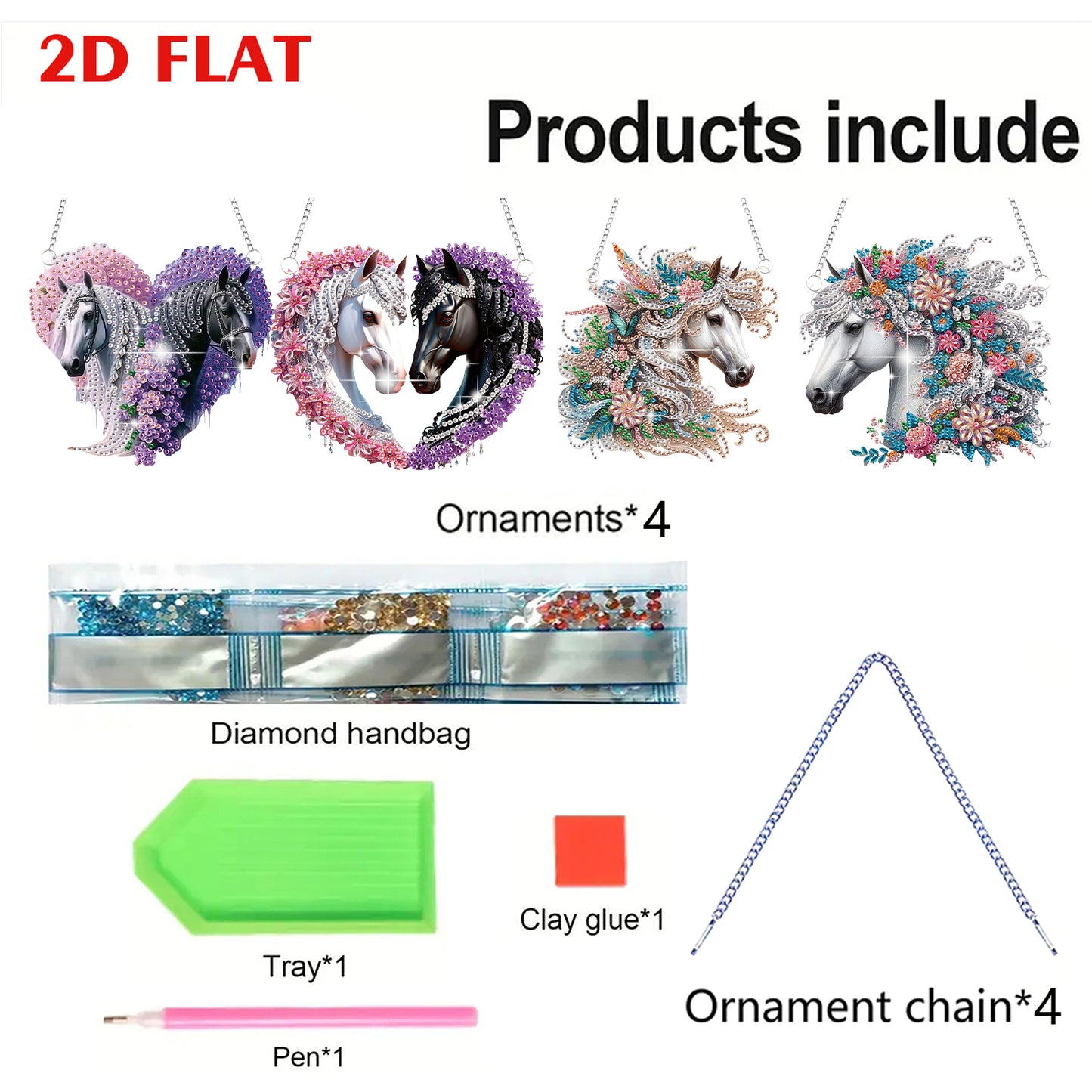 4pcs Flower Horse DIY 2D Flat Special Shaped Diamond Painting Kits Pendant Gifts