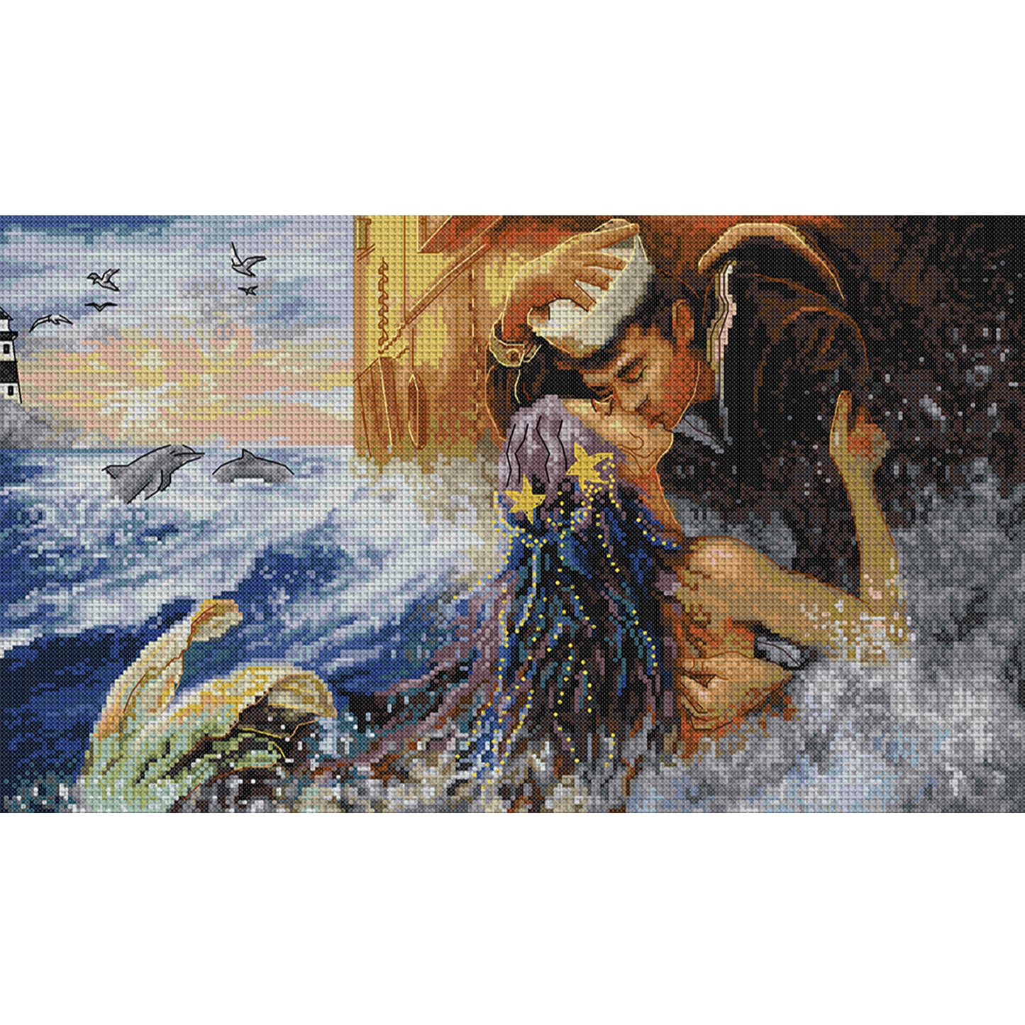 A Kiss To The Mermaid - 14CT Stamped Cross Stitch 52*33CM (Joy Sunday)