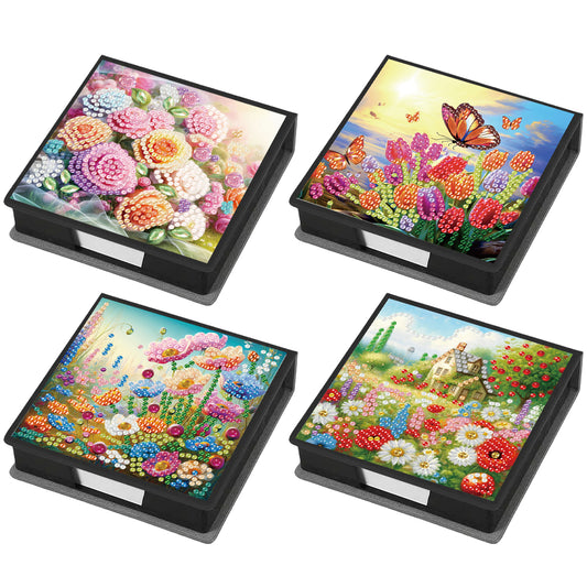 4Pcs Flower 5D DIY PU Diamond Painting Kit Office Note Box with 160 Sheets Paper