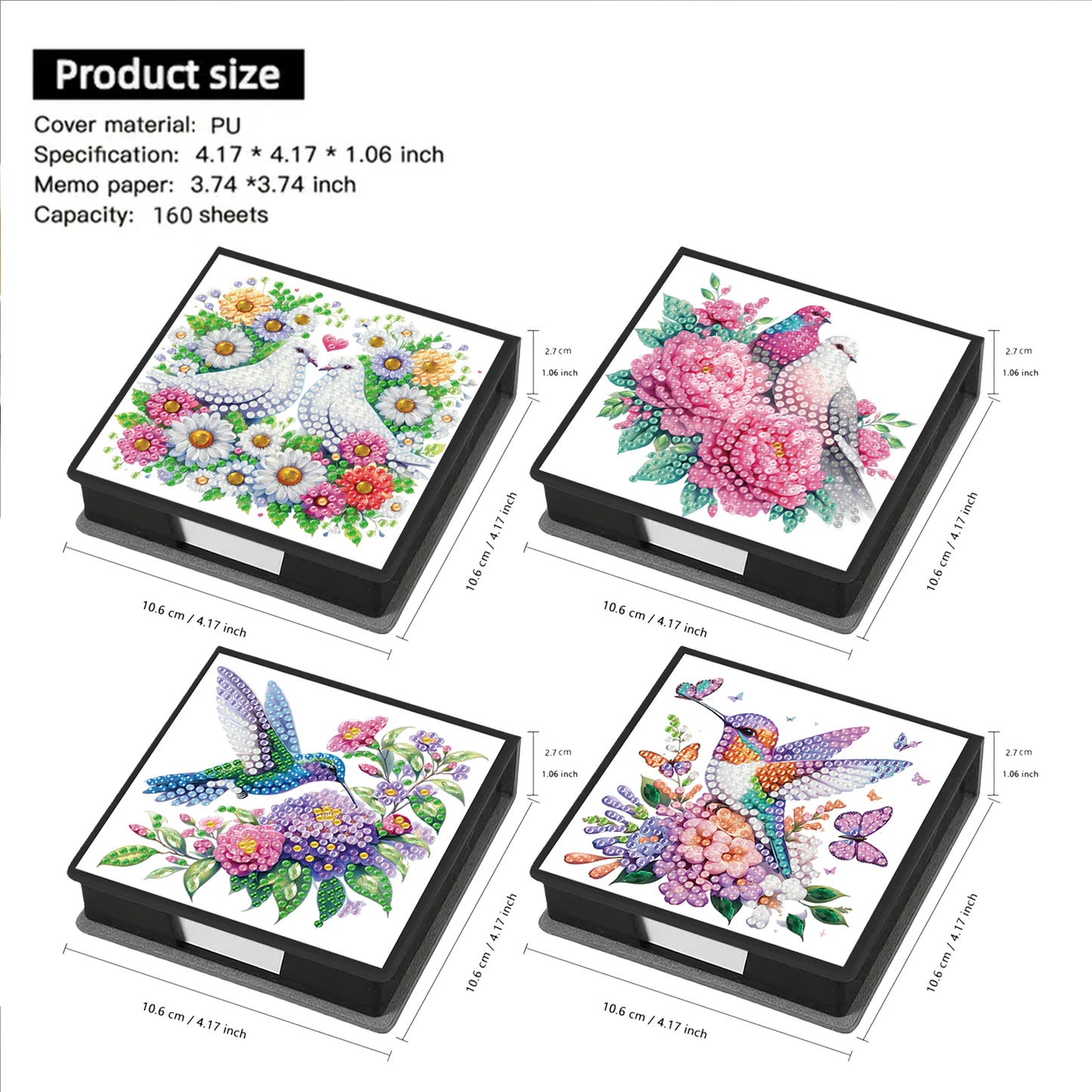 4Pcs Bird 5D DIY PU Diamond Painting Kit Office Note Box with 640 Sheets Paper