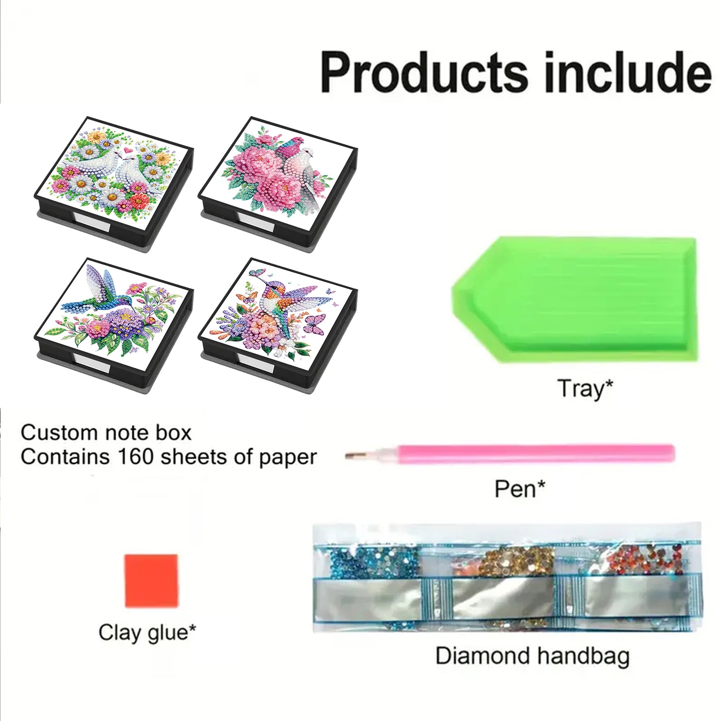 4Pcs Bird 5D DIY PU Diamond Painting Kit Office Note Box with 640 Sheets Paper