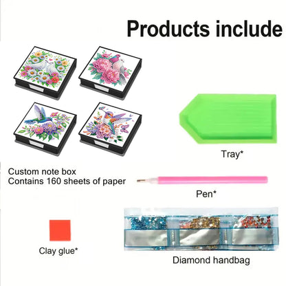 4Pcs Bird 5D DIY PU Diamond Painting Kit Office Note Box with 640 Sheets Paper