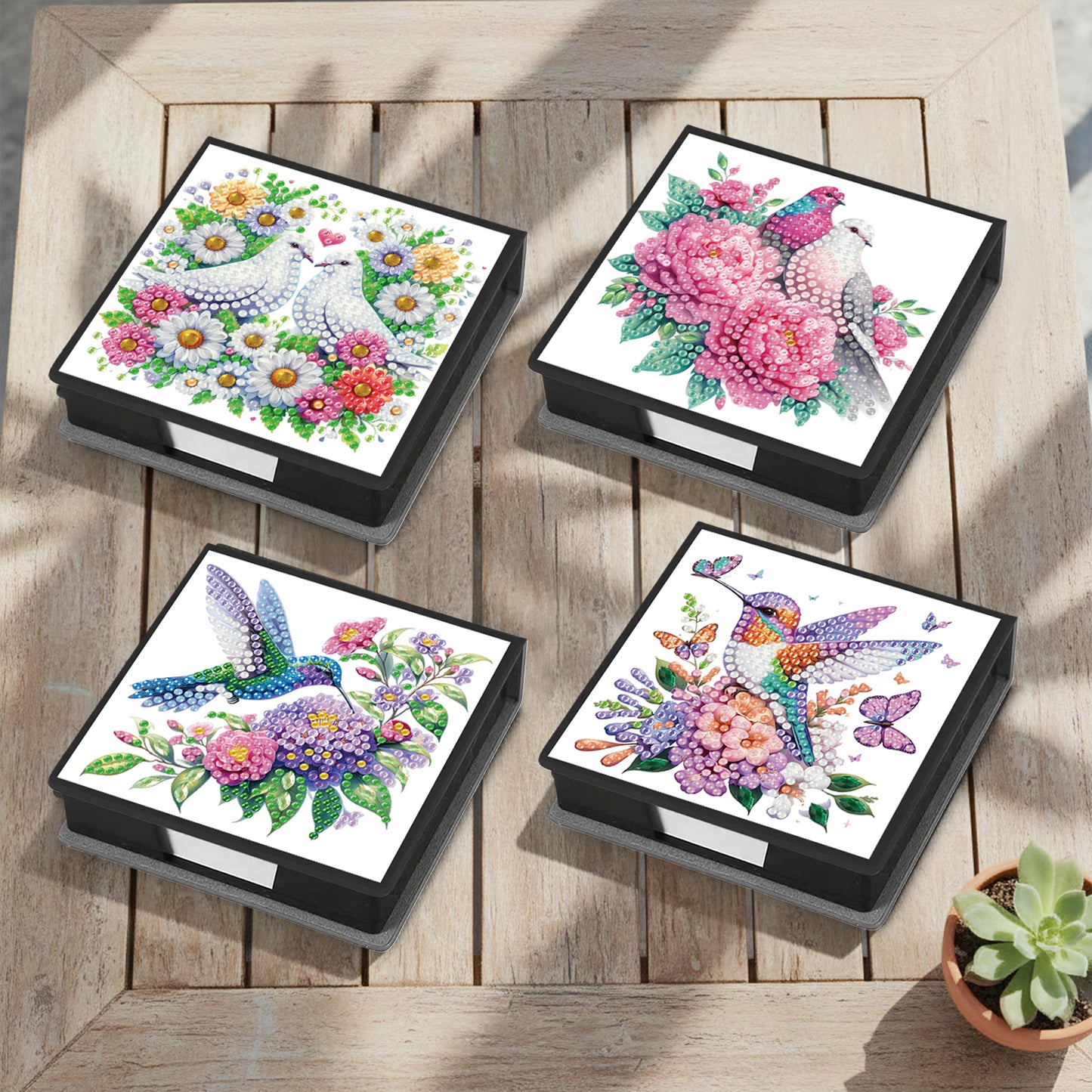 4Pcs Bird 5D DIY PU Diamond Painting Kit Office Note Box with 640 Sheets Paper