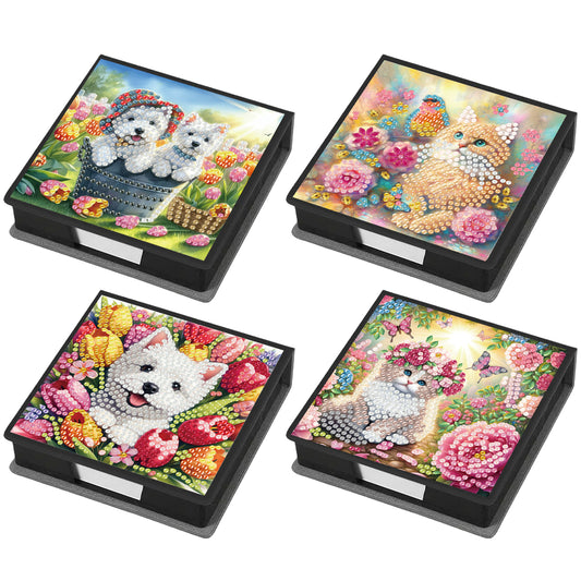 4Pcs Cat 5D DIY PU Diamond Painting Kit Office Note Box with 640 Sheets Paper