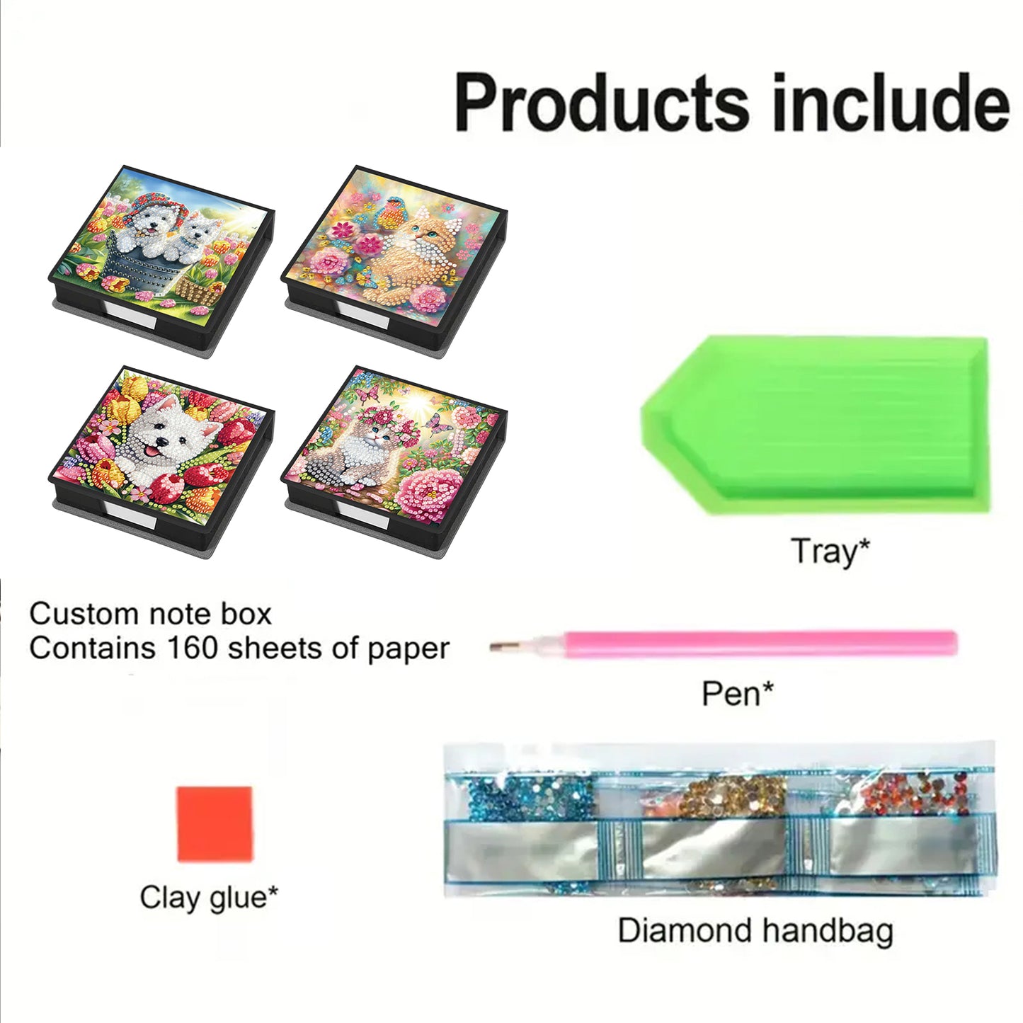 4Pcs Cat 5D DIY PU Diamond Painting Kit Office Note Box with 640 Sheets Paper