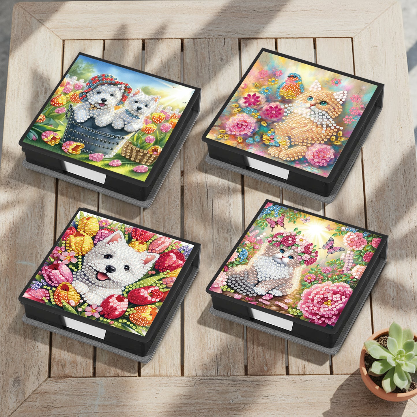 4Pcs Cat 5D DIY PU Diamond Painting Kit Office Note Box with 640 Sheets Paper