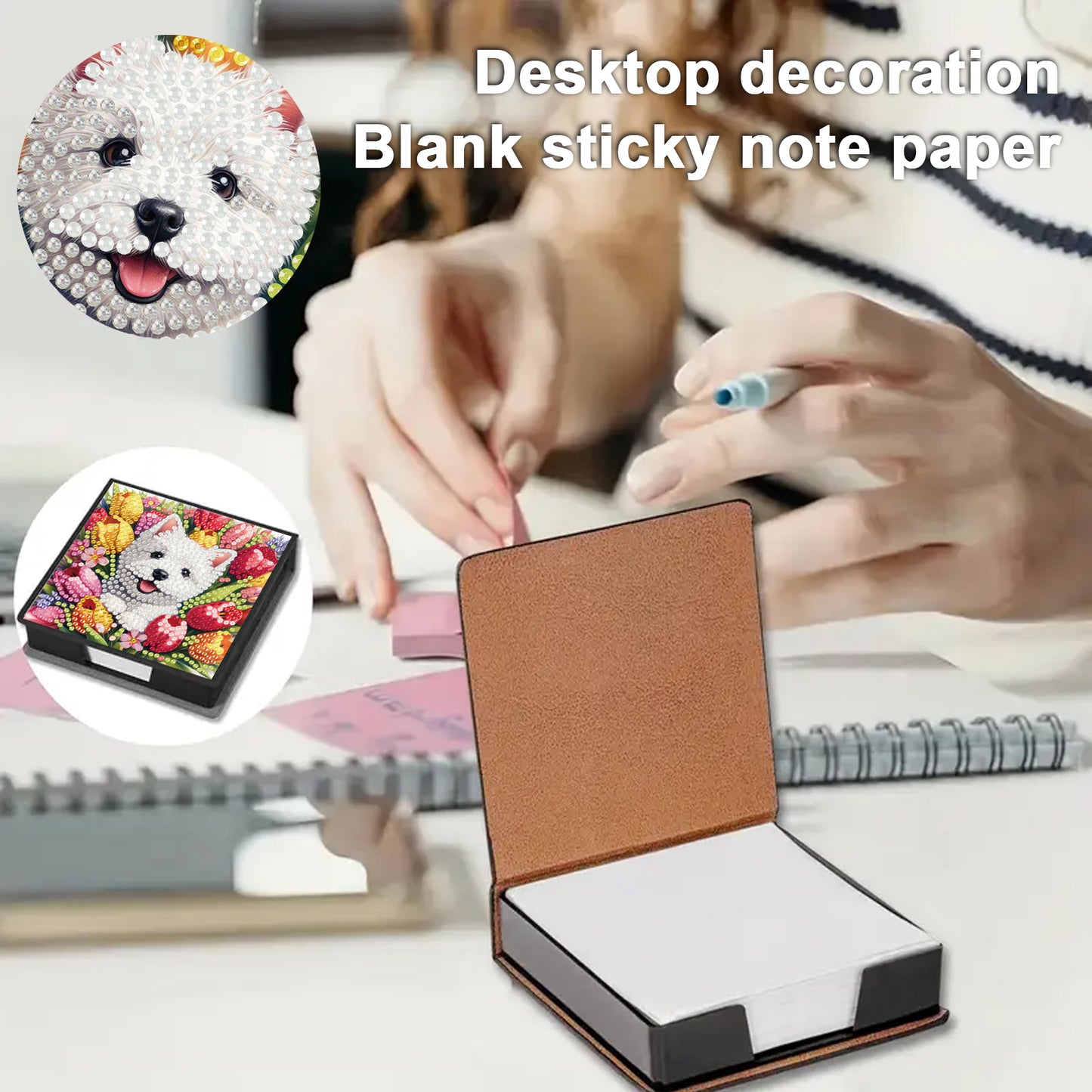 4Pcs Cat 5D DIY PU Diamond Painting Kit Office Note Box with 640 Sheets Paper