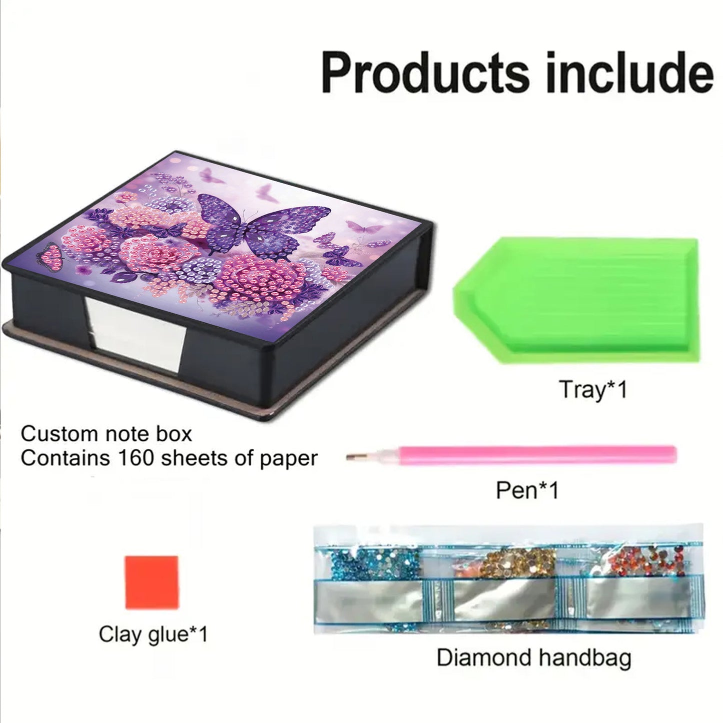 Flower 5D DIY PU Diamond Painting Kit Note Box with 160 Sheets Paper Memo Holder